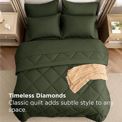 Bedsure 7 Pieces Queen Comforter Set Premium Series, Hotel Luxury Soft Bed in a Bag, Goose Down Alternative, Safe for Sensitive Skin Bedding Comforter All Season Medium Warmth, Olive Green Queen Size