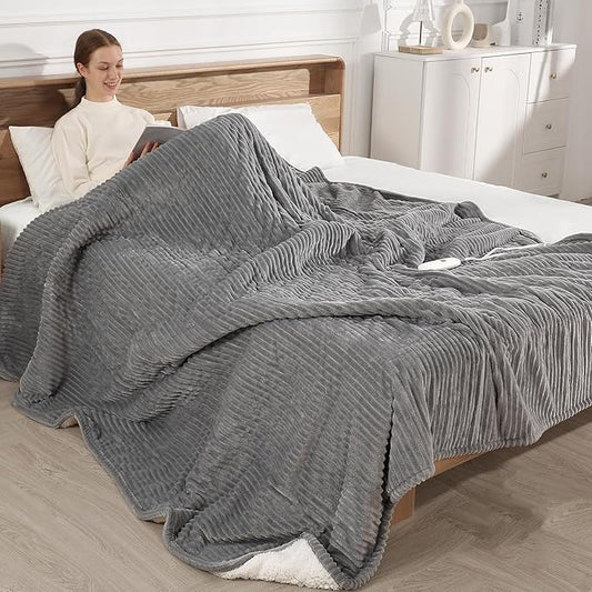 Electric Blanket King Size, Electric Heated Blanket with Dual Controls, 5 Heat Settings, 10-Hour Auto Off, Striped Flannel & Sherpa, FCC/ETL Certified, 90''x100'' Light Grey