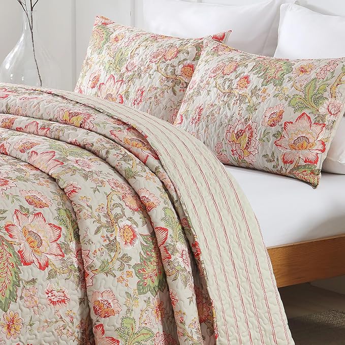 Quilt Set King Size Floral Patchwork Quilted, Soft Comforter Set Bedding Sets, Coverlet Bedspread Decorative Quilts with 2 Pillow Shams, (90"x104", 3 Pieces)