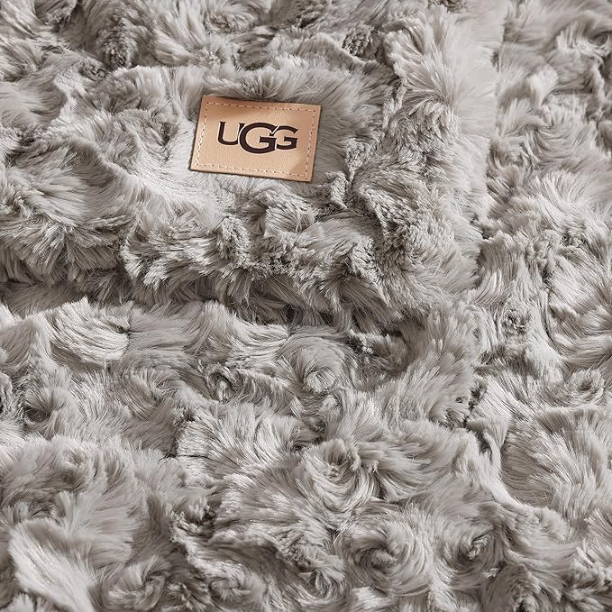 UGG Faux Fur Full/Queen Blanket, Double-Sided Fluffy Blanket, Cozy Oversized Throw for Couch, Washable Bedding for Full or Queen Bed, Luxury Home Decor, 90" x 90", Seal Grey (Adalee)