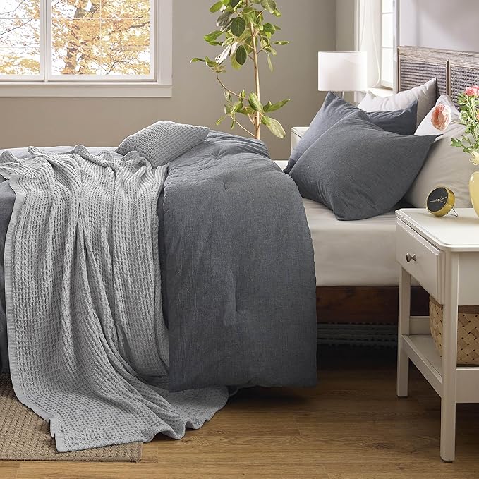 Bedsure 5 Pieces Cotton Comforter Set with Waffle Throw Blanket - Soft Breathable Bedding Set for All Seasons, Dark Grey Queen Comforter, Pillow Shams, Grey 100% Cotton Blanket, Throw Pillow