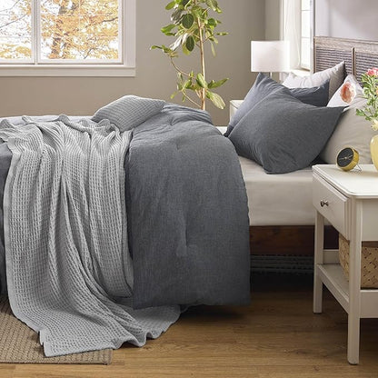 Bedsure 5 PCS Cotton Comforter Set with Waffle Throw Blanket - Soft Breathable Bedding Set for All Seasons, Dark Grey Comforter King Size, Pillow Shams, Grey 100% Cotton Blanket, Throw Pillow