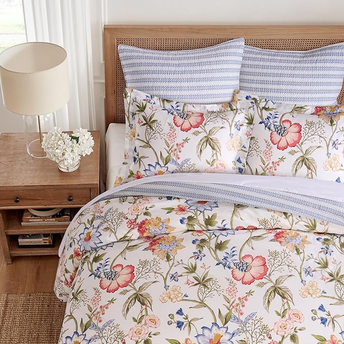 Levtex Home - Maileen Duvet Set - King/Cal King Duvet Cover (106x94in.) and 2 King Shams (20x36in.) - Floral - Blue Coral Green White - Reversible - Cotton