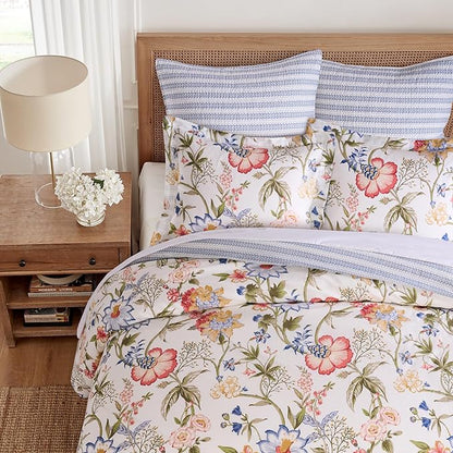 Levtex Home - Maileen Duvet Set - King/Cal King Duvet Cover (106x94in.) and 2 King Shams (20x36in.) - Floral - Blue Coral Green White - Reversible - Cotton