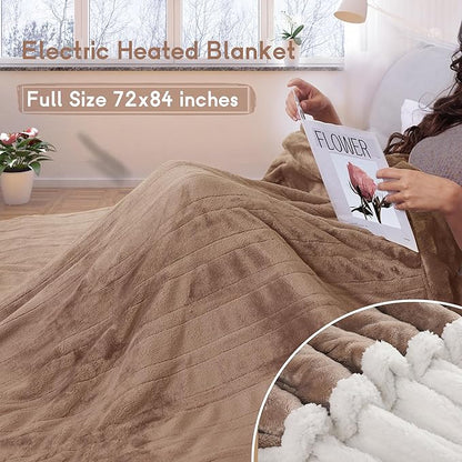 Heated Blanket Electric Blanket Full Size 72''x84'' with 9 Heating Levels, 1-10 Hour Auto Shut Off, Machine Washable, Flannel & Sherpa Soft Warming Blanket for Couch, Bed, Office - Brown