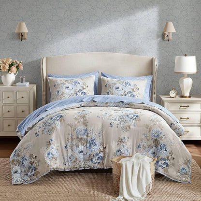 Madison Park Essentials Floral Comforter Set Cal King Size, Vintage Flower Bedding Set with Sheet Set, 7 Pieces Bed in a Bag, Reversible Botanical Comforter, Pillowcases & Shams, Heather, Beige/Blue