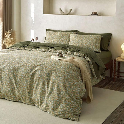 Wake In Cloud - Floral Comforter Set with Sheets, Cute Vintage Flower Cottagecore Aesthetic for Women Teen Girls, 7 Pieces Bed in a Bag, Olive Green, Queen Size