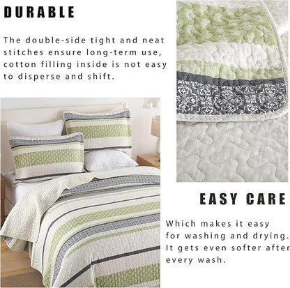 Homzard King Size Quilt,Cotton King Size Bedding Comforter Set,Sage Green Beige Grey Bedspread Set,Striped Bed Set Coverlet Lightweight Farmhouse Home Decor 3 Piece