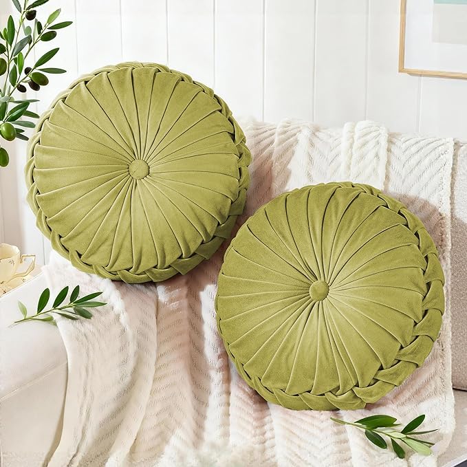 ROSE&RISY Round Pleated Velvet Throw Pillows, 2 Pcs Decorative Accent Pumpkin Pillow Cushion for Couch Sofa Chair Bed Car Home Decor (14.5 Inch, Olive Green)
