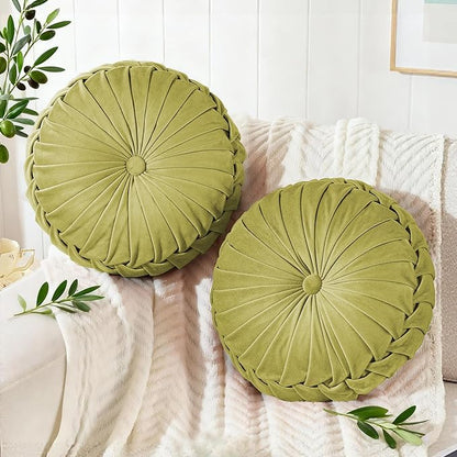 ROSE&RISY Round Pleated Velvet Throw Pillows, 2 Pcs Decorative Accent Pumpkin Pillow Cushion for Couch Sofa Chair Bed Car Home Decor (14.5 Inch, Olive Green)