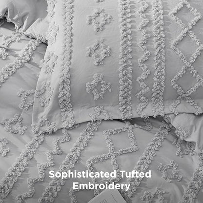 Bedsure Tufted Boho Comforter Set Queen Size - Light Grey Boho Bed Set, GentleSoft™ 3 Pieces Farmhouse Shabby Chic Embroidery Bedding, Gifts for Woman, Soft Jacquard Queen Comforter for All Seasons