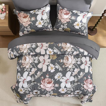 Luxudecor King Comforter Set 7 Pieces Bedding Sets,Gray Floral Comforter and Sheet Set,Soft Microfiber Bed in a Bag for All Seasons (Gray,104"x90")
