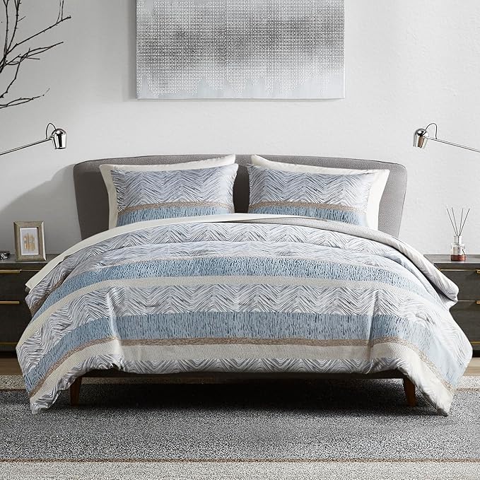 Comfort Spaces Blue Queen Comforter Set - 7 Pieces Trendy Modern Jacquard Bedding Sets with Sheets, All Seasons Skin-Friendly, Lightweight & Soft Microfiber Queen Bed Set, Shams, Queen