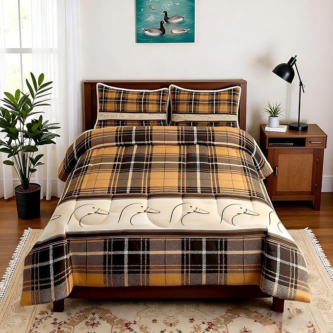 Ducks Silhouettes Kids Comforter Set Queen Size,Cartoon Animals Cute Bedding Set,Girls Boys Adults Bedroom Decor,Geometric Plaids Splicing Down Comforter,Brown Rustic Duvet Insert,2 Pillowcases