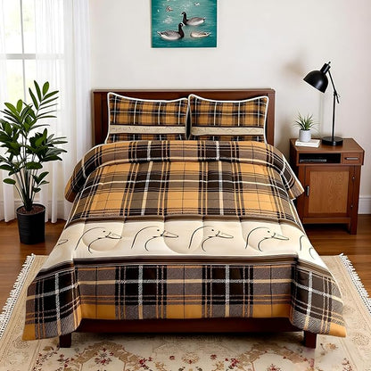 Manfei Ducks Silhouettes Kids Comforter Set Full Size,Cartoon Animals Cute Bedding Set,Girls Boys Adults Bedroom Decor,Geometric Plaids Splicing Down Comforter,Brown Rustic Duvet Insert,2 Pillowcases