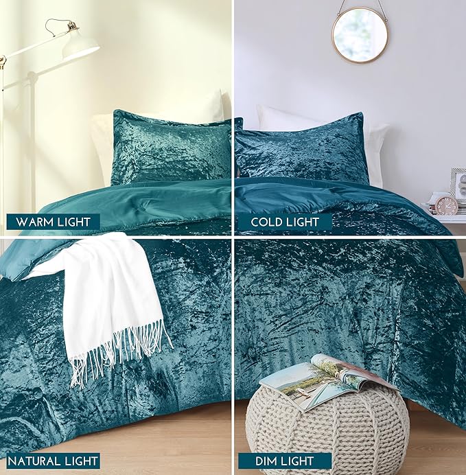 Comfort Spaces Juliette Luxe Comforter Set Velvet Lush with Soft Brushed Microfiber Reverse, All Season Cozy Velvet Bedding Sets, Fluffy Comforter Bed Set, Matching Sham, Teal King 3 Piece