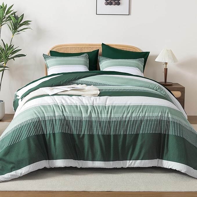 Andency California King Comforter Set Emerald Green - 7 Pieces Striped Lightweight Bed in a Bag, Soft Microfiber Reversible Bedding Set with Comforter, Fitted & Flat Sheet, Pillowcases & Shams