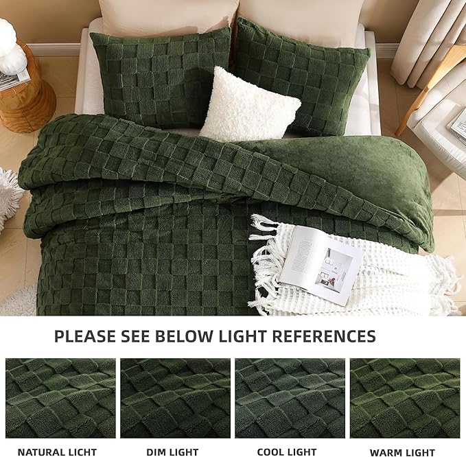 Litanika Fluffy Full Size Comforter Set Olive Green，3 Pieces Warm Sherpa Fleece Winter Bedding Set, Jacquard Checkered Plush Fuzzy Bed Set(1 Comforter, 2 Pillowcases)