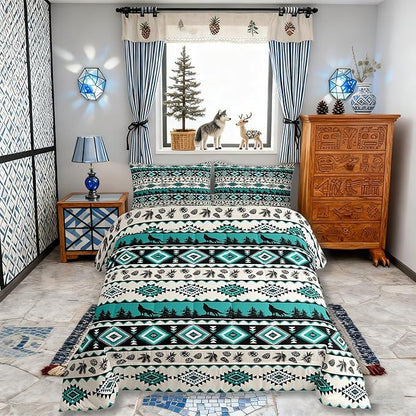 Aztec Geometric Comforter Set Full Size,Southwest Tribal Ethnic Kids Bedding Set,Wolf Rustic Cabin Quilt Comforter,Beige Retro Duvet Insert,2 Pillowcases
