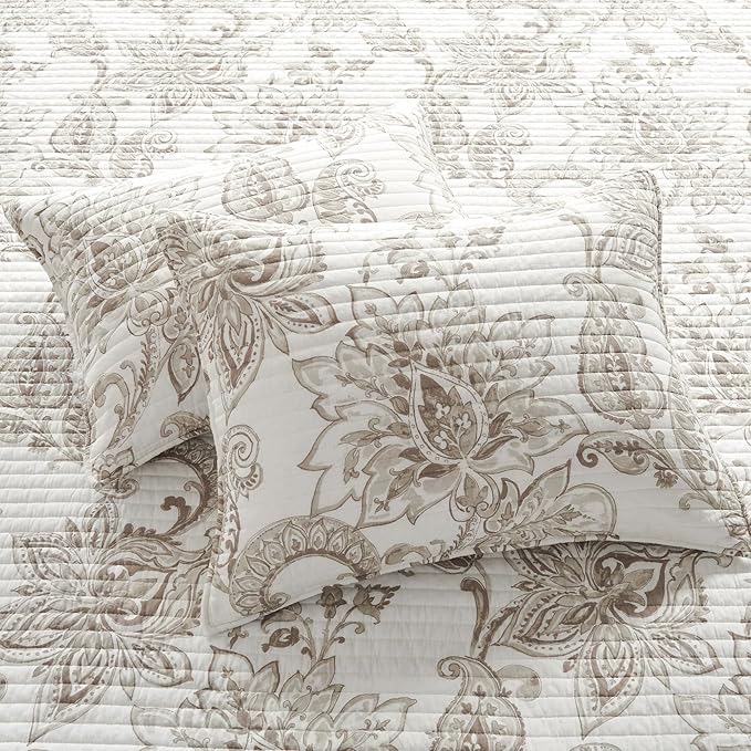 Levtex Home - Bennett Taupe King Quilt Set (106x92in.) and Two Pillow Shams (20x36in.) - Floral Paisley - Taupe and Cream - Reversible - Cotton
