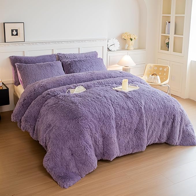 chovy Faux Fur Plush Purple Comforter Sets King - Ultra Soft Shaggy Flannel Velvet Fluffy Fuzzy 3PC Bedding Set (Comforter x 1 Pillowcases x 2)