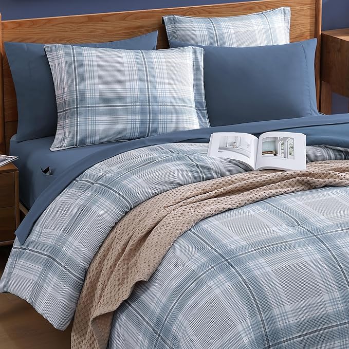MaiRêve Plaid Full Comforter Sets, Light Blue Grid Farmhouse Bedding Set Bed in A Bag, Classic Checkered Comforter Sets with Fitted & Flat Sheet, Pillowcases & Shams(Light Blue, 80"x90")