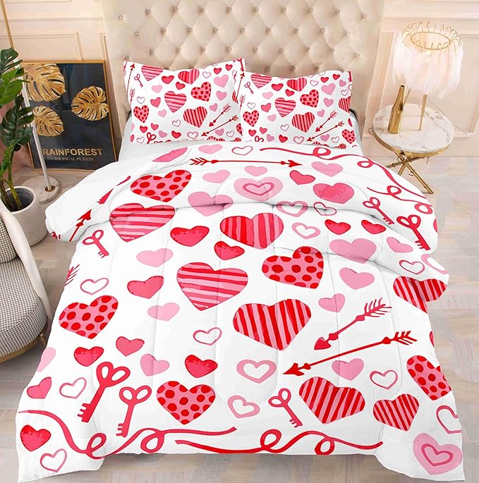 Valentine Hearts King Size Comforter Set with 2 Pillowcases, Red and Pink Heart Printed Pillow Shams Soft 3 Pcs Bedding for Kids Adults Bedroom Dormroom Bed Decor All Season