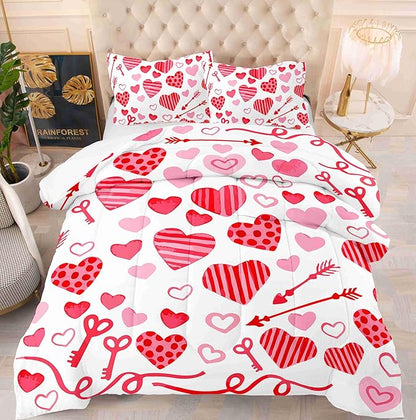 Valentine Hearts King Size Comforter Set with 2 Pillowcases, Red and Pink Heart Printed Pillow Shams Soft 3 Pcs Bedding for Kids Adults Bedroom Dormroom Bed Decor All Season