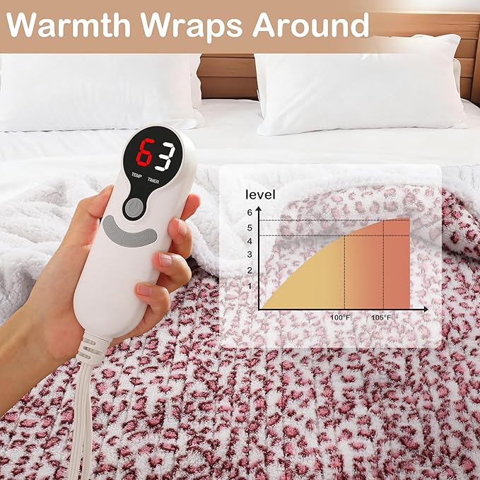 Electric Heated Blanket Throw Size 50"×60" with 9 Heating Levels & 1-10 Hs auto Off, Heating Throw Double Sided Sherpa, Energy Efficient, Machine Washable, Leopard Print Pink & White