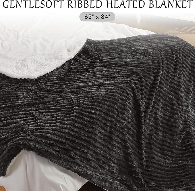 Electric Blanket Heated Twin Blanket, Super Soft Flannel & Sherpa Electric Twin Blanket with 6 Fast Heating Levels, 10 Hours Auto Off & OverHeat Protection, Machine Washable, 62'' X 84'', Dark Gray