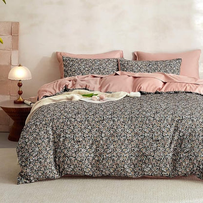 Wake In Cloud - Floral Comforter Set, Cute Vintage Flower Cottagecore Aesthetic for Women Teen Girls, Soft Lightweight Dorm Bedding, 3 Pieces, Black, Twin/Twin XL Size