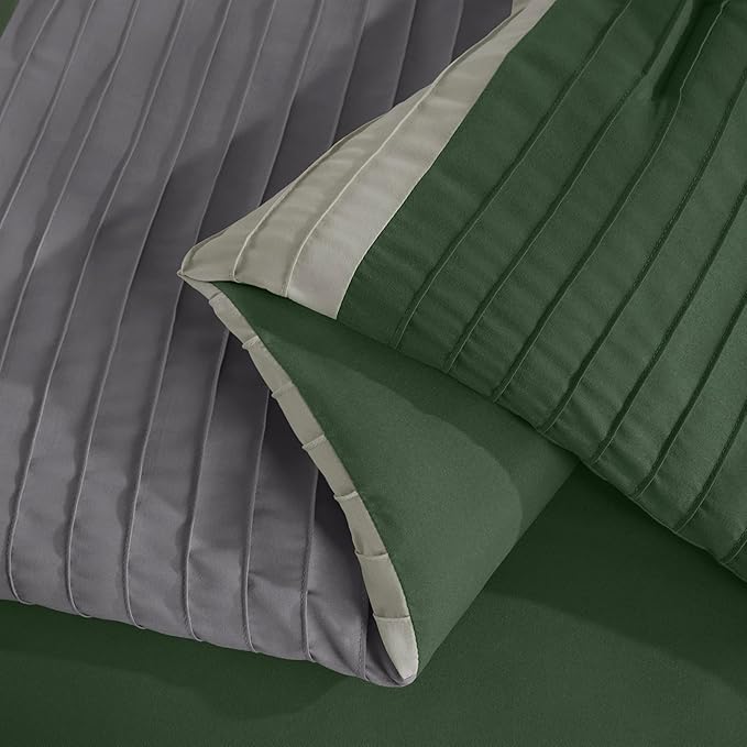 Chezmoi Collection Briar 7-Piece Queen Bed in a Bag - All Season Lightweight Microfiber Comforter Set - Includes Sheets & Shams - Forest Green/Gray/Cream Pleated Stripe Design