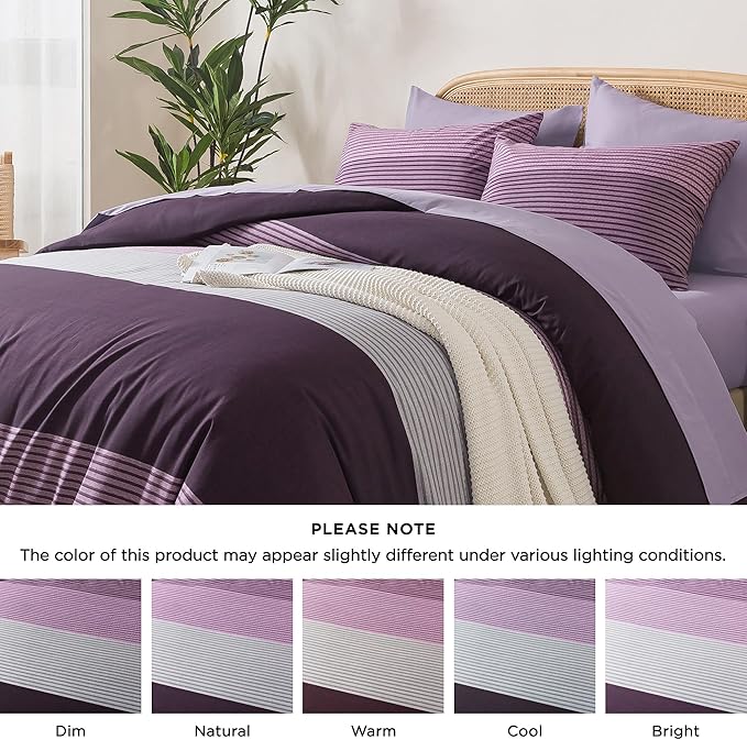 Andency Full Size Comforter Set Purple - 7 Pieces Striped Lightweight Bed in a Bag, Soft Microfiber Reversible Bedding Set with Comforter, Fitted & Flat Sheet, Pillowcases & Shams