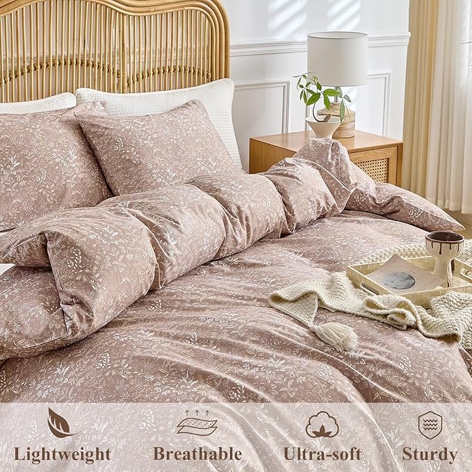 AMWAN Queen Size Comforter Set Khaki Light Brown, 3 Pieces Queen Bedding Sets, Vintage Botanical Bedding Set, 1 Comforter with 2 Pillowcases, Aesthetic Floral Comforter Set Soft for All Seasons