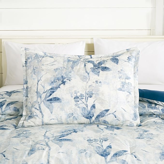 Chezmoi Collection Monica 3-Piece Boho Floral Comforter Set, Full - Blue Gray White Tropical Flower Textured Printed Microfiber Lightweight Bedding Set