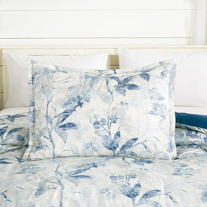 Chezmoi Collection Monica 3-Piece Boho Floral Comforter Set, Queen - Blue Gray White Tropical Flower Textured Printed Microfiber Lightweight Bedding Set