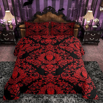 Feelyou Adults Red Vintage Damask Floral Comforter Set Oriental Antique Comforter King Size Gothic Bohemia Boho Bedding Set Exotic Sugar Skull Duvet Set Quilt Set 3Pcs