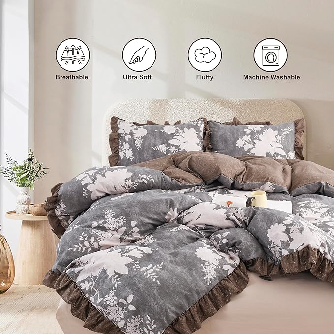 Oli Anderson 5 Piece Floral Comforter Set, Vintage Botanical Print Bedding Set, Farmhouse Lightweight Cottagecore Bed in a Bag with 1 Ruffle Flowers Comforter, 2 Pillowcases, 2 Pillows (Brown, Queen)