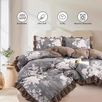 Oli Anderson 5 Piece Floral Comforter Set, Vintage Botanical Print Bedding Set, Farmhouse Lightweight Cottagecore Bed in a Bag with 1 Ruffle Flowers Comforter, 2 Pillowcases, 2 Pillows (Brown, King)