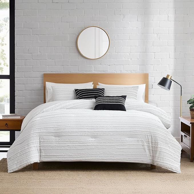 Modern Threads Dixie White Jacquard Comforter Set – 5 Piece Textured Bedding with Decorative Pillows & Shams, Soft All Season Farmhouse Bed Set, Bright White with Graphite Stripes, Queen