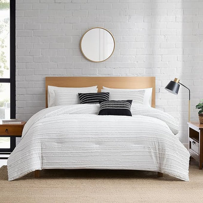 Modern Threads Dixie White Jacquard Comforter Set – 5 Piece Textured Bedding with Decorative Pillows & Shams, Soft All Season Farmhouse Bed Set, Bright White with Graphite Stripes, Queen