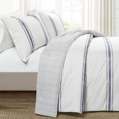 Lush Decor Farmhouse Stripe Reversible Cotton Comforter Set, 3 Piece Set, King, Navy - Cozy Farmhouse Bedding Set - Rustic Decor - Striped Comforter - Modern Farmhouse Bedroom Decor