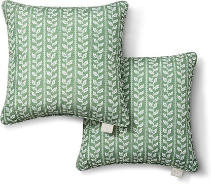 Martha Stewart Vineyard Vines Indoor Outdoor Decorative Pillow 2-Pack Set, UV Fade Resistant, Water Repellent, Printed Garden Design, Green, 18"x18"