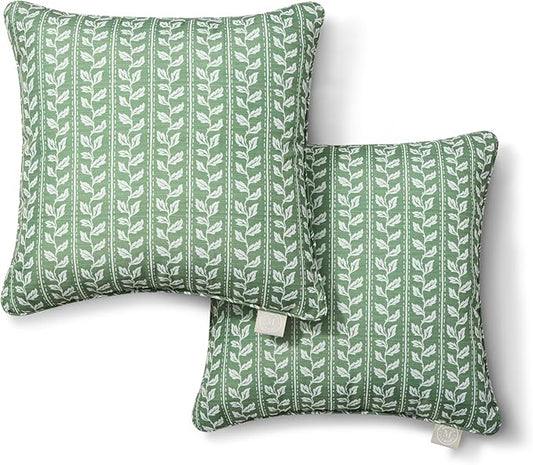 Martha Stewart Vineyard Vines Indoor Outdoor Decorative Pillow 2-Pack Set, UV Fade Resistant, Water Repellent, Printed Garden Design, Green, 18"x18"