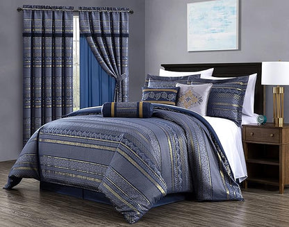 Chezmoi Collection Rio 7-Piece King Jacquard Comforter Set - Blue Gold Floral Geometric Damask Woven Bedding Set
