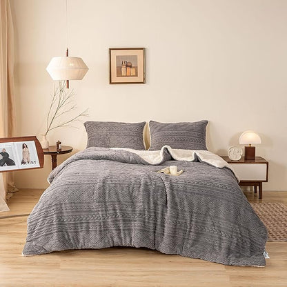 Ultra-Soft Warm Plush Reversible Sherpa Fleece King Comforter - Grey Cal/Cal King - Thickened 3D Jacquard Boho Bedding Down Comforter Set Fluffy Surface for Cozy Autumn and Winter Nights