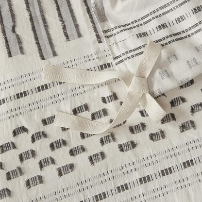 INK+IVY Rhea 100% Cotton Duvet Set Mid Century Modern Boho Design, All Season Comforter Cover Bedding Set, Matching Shams, Full/Queen, Geometric Clipped Jacquard Ivory 3 Piece