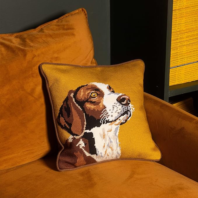 Camp Wandawega Hunting Dog Needlepoint Embroidered Throw Pillow, Vintage Lodge Decorative Pillow, 14" Square