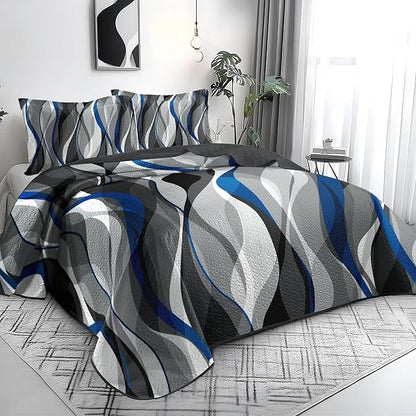 weesire Classic Line Pattern Bedding Quilt Queen Size Modern Grey Blue and White Stripe Quilt with 2 Shams, Gray and Blue Comforter Sets Lightweight Breathable Bedspreads Coverlet, 90''x96''