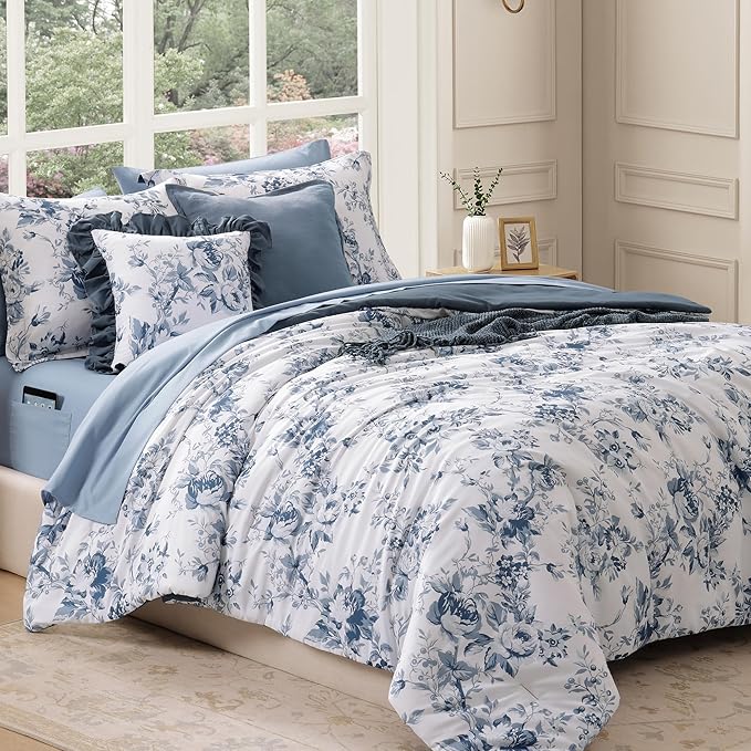 Oversized Queen Comforter Set -7 Pieces Floral Rain Washed Bedding Set for All Seasons, Bed in a Bag with Botanical Flowers Comforter, Sheets, Pillowcases & Shams